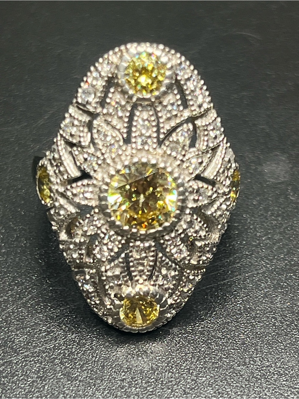 925 Sterling Silver Yellow & Clear CZ Statement Ring Size 5 Floral Filigree